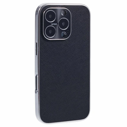 For iPhone 16 Pro Max Cover Cross Texture PU Leather Coated TPU Cell Phone Case - Black