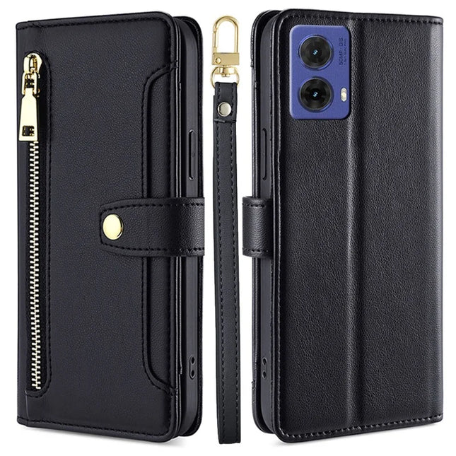 For Motorola Moto G85 5G / S50 Neo 5G Case PU Leather Crossbody Phone Cover with Zipper Pocket Wallet - Black