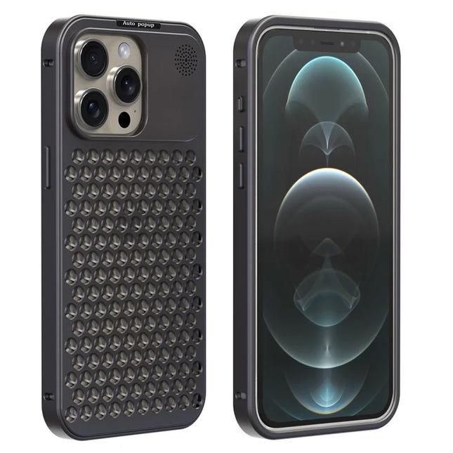 R-JUST RJ58 For iPhone 12 Pro Max Case Auto Pop-Up Heat Dissipation Aromatherapy Aluminium Alloy Cover - Dark Grey