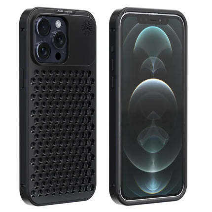 R-JUST RJ58 For iPhone 12 Pro Max Case Auto Pop-Up Heat Dissipation Aromatherapy Aluminium Alloy Cover - Black