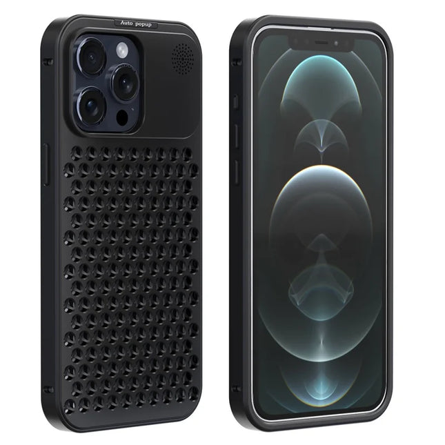R-JUST RJ58 For iPhone 12 Pro Max Case Auto Pop-Up Heat Dissipation Aromatherapy Aluminium Alloy Cover - Black