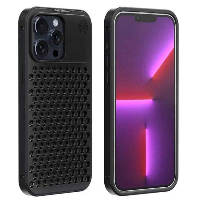 R-JUST RJ58 For iPhone 13 Pro Max Case Auto Pop-Up Heat Dissipation Aromatherapy Aluminium Alloy Cover - Black