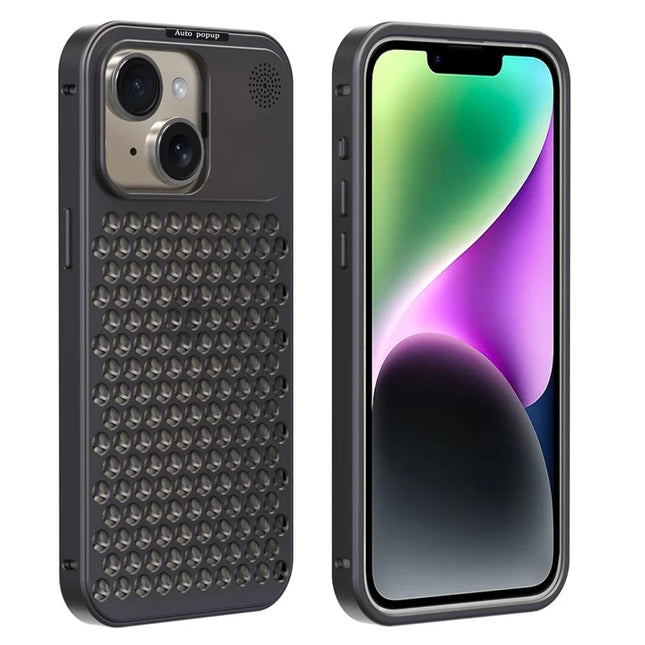 R-JUST RJ58 For iPhone 14 Case Auto Pop-Up Heat Dissipation Aromatherapy Aluminium Alloy Cover - Dark Grey