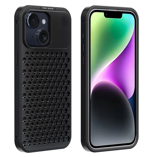 R-JUST RJ58 For iPhone 14 Case Auto Pop-Up Heat Dissipation Aromatherapy Aluminium Alloy Cover - Black