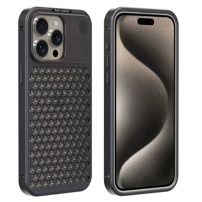 R-JUST RJ58 For iPhone 15 Pro Max Case Auto Pop-Up Heat Dissipation Aromatherapy Aluminium Alloy Cover - Dark Grey