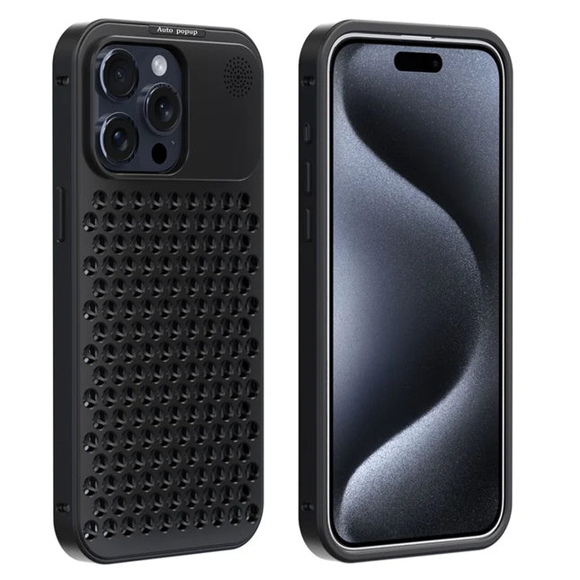 R-JUST RJ58 For iPhone 15 Pro Max Case Auto Pop-Up Heat Dissipation Aromatherapy Aluminium Alloy Cover - Black
