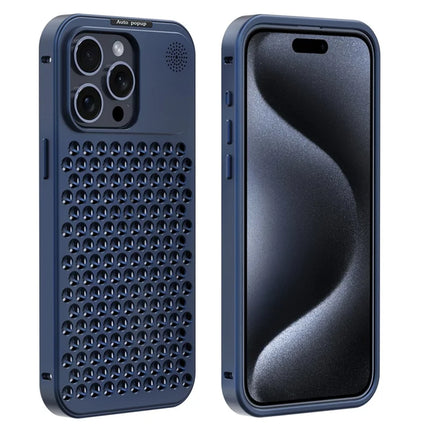 R-JUST RJ58 For iPhone 15 Pro Max Case Auto Pop-Up Heat Dissipation Aromatherapy Aluminium Alloy Cover - Blue