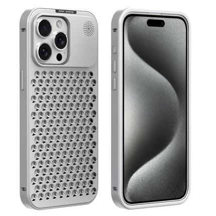 R-JUST RJ58 For iPhone 15 Pro Max Case Auto Pop-Up Heat Dissipation Aromatherapy Aluminium Alloy Cover - Silver