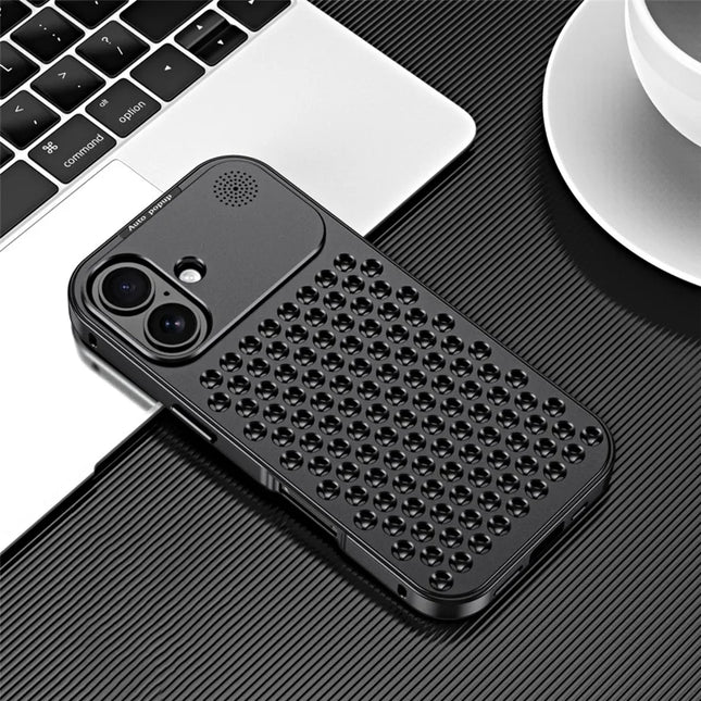 R-JUST RJ58 For iPhone 16 Case Auto Pop-Up Heat Dissipation Aromatherapy Aluminium Alloy Cover - Black