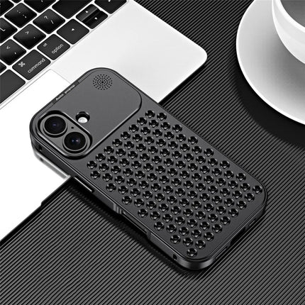 R-JUST RJ58 For iPhone 16 Plus Case Auto Pop-Up Heat Dissipation Aromatherapy Aluminium Alloy Cover - Black