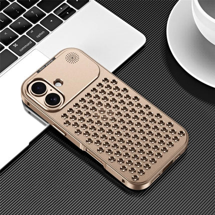 R-JUST RJ58 For iPhone 16 Plus Case Auto Pop-Up Heat Dissipation Aromatherapy Aluminium Alloy Cover - Gold
