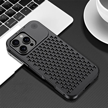 R-JUST RJ58 For iPhone 16 Pro Max Case Auto Pop-Up Heat Dissipation Aromatherapy Aluminium Alloy Cover - Black