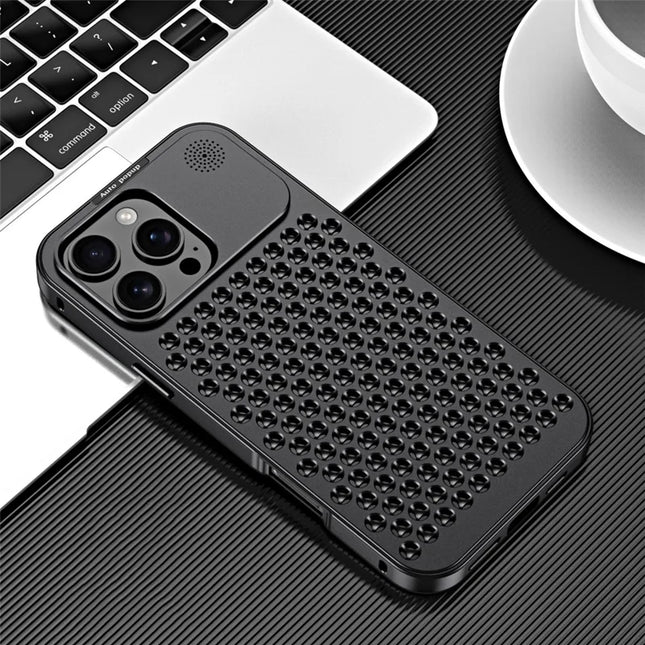 R-JUST RJ58 For iPhone 16 Pro Max Case Auto Pop-Up Heat Dissipation Aromatherapy Aluminium Alloy Cover - Black