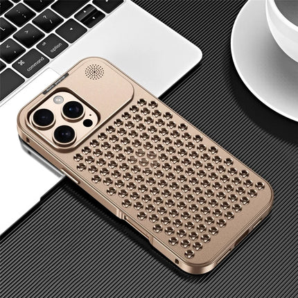 R-JUST RJ58 For iPhone 16 Pro Max Case Auto Pop-Up Heat Dissipation Aromatherapy Aluminium Alloy Cover - Gold