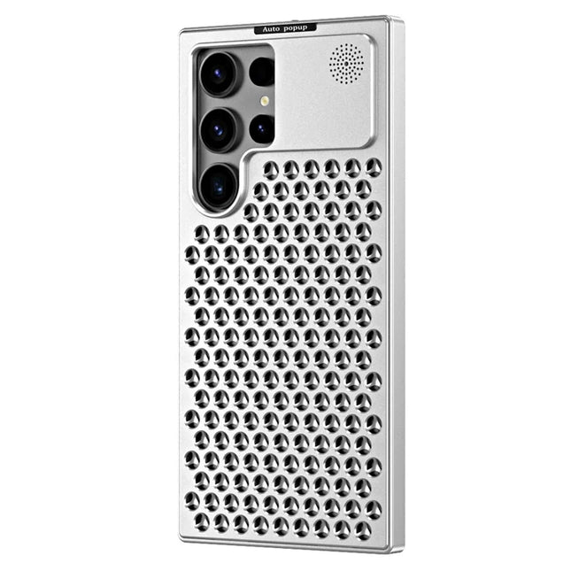 R-JUST RJ58 For Samsung Galaxy S23 Ultra Case Auto Pop-Up Heat Dissipation Aromatherapy Aluminium Alloy Cover - Silver