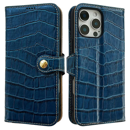 For iPhone 16 Pro Case Crocodile Texture Genuine Cow Leather Wallet Phone Cover - Blue
