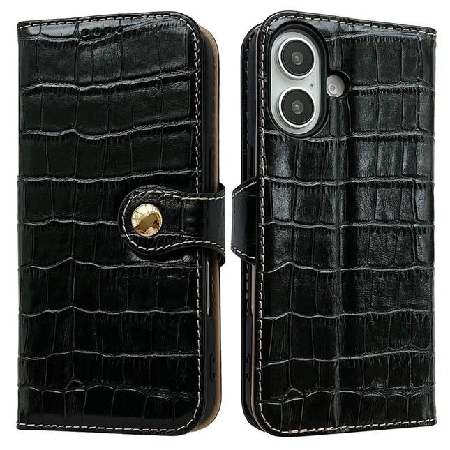 For iPhone 16 Case Crocodile Texture Genuine Cow Leather Wallet Phone Cover - Black