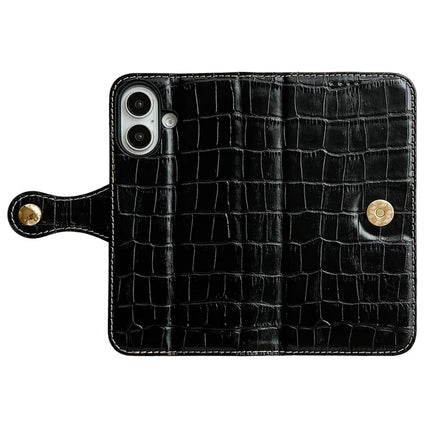 For iPhone 16 Case Crocodile Texture Genuine Cow Leather Wallet Phone Cover