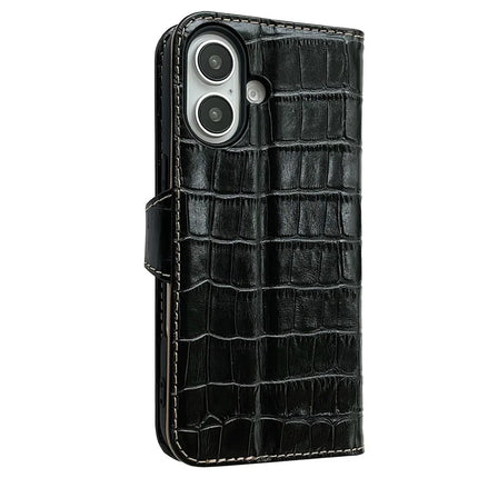 For iPhone 16 Case Crocodile Texture Genuine Cow Leather Wallet Phone Cover