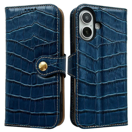For iPhone 16 Case Crocodile Texture Genuine Cow Leather Wallet Phone Cover - Blue