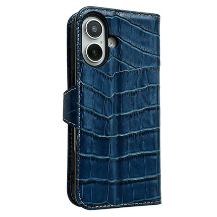For iPhone 16 Case Crocodile Texture Genuine Cow Leather Wallet Phone Cover