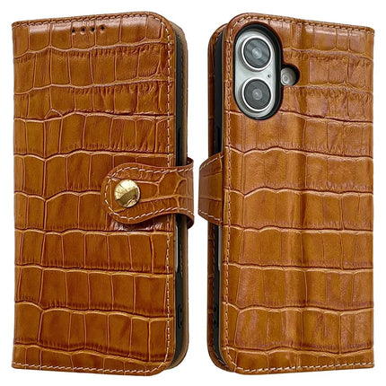 For iPhone 16 Case Crocodile Texture Genuine Cow Leather Wallet Phone Cover - Brown