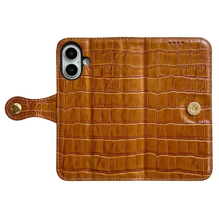 For iPhone 16 Case Crocodile Texture Genuine Cow Leather Wallet Phone Cover