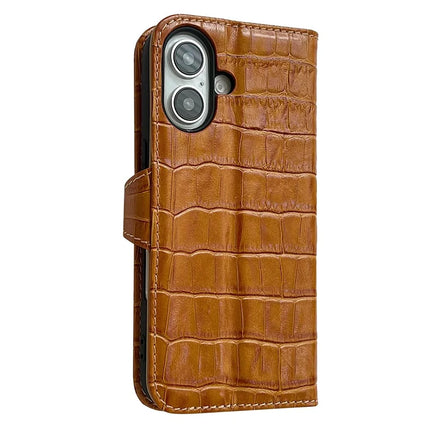 For iPhone 16 Case Crocodile Texture Genuine Cow Leather Wallet Phone Cover