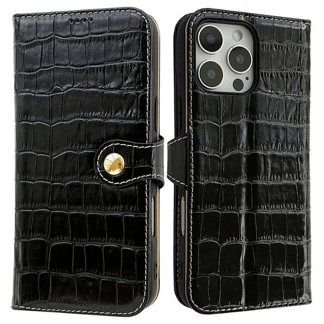 For iPhone 16 Pro Max Case Crocodile Texture Genuine Cow Leather Wallet Phone Cover - Black
