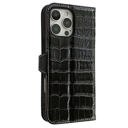 For iPhone 16 Pro Max Case Crocodile Texture Genuine Cow Leather Wallet Phone Cover