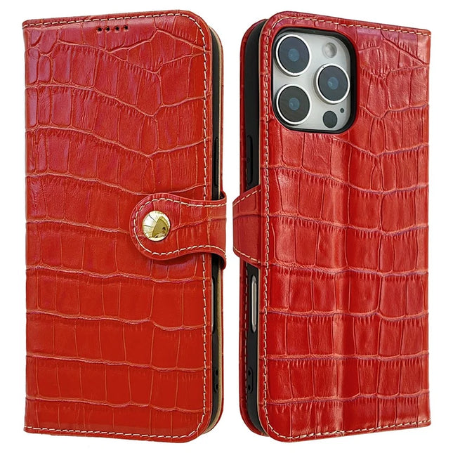 For iPhone 16 Pro Max Case Crocodile Texture Genuine Cow Leather Wallet Phone Cover - Red
