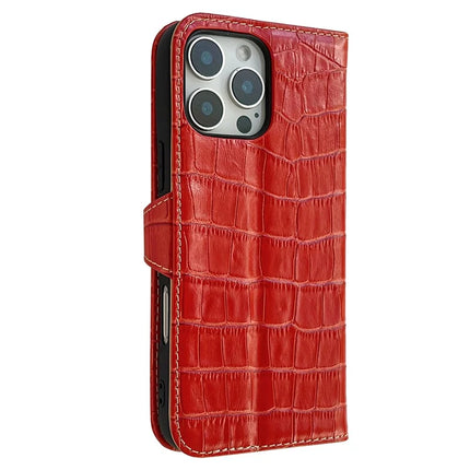 For iPhone 16 Pro Max Case Crocodile Texture Genuine Cow Leather Wallet Phone Cover