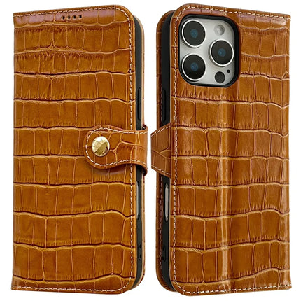 For iPhone 16 Pro Max Case Crocodile Texture Genuine Cow Leather Wallet Phone Cover - Brown