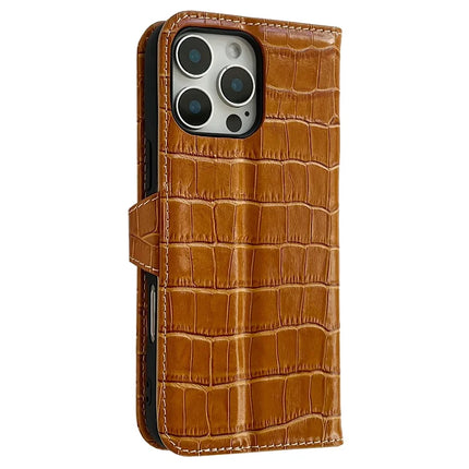 For iPhone 16 Pro Max Case Crocodile Texture Genuine Cow Leather Wallet Phone Cover