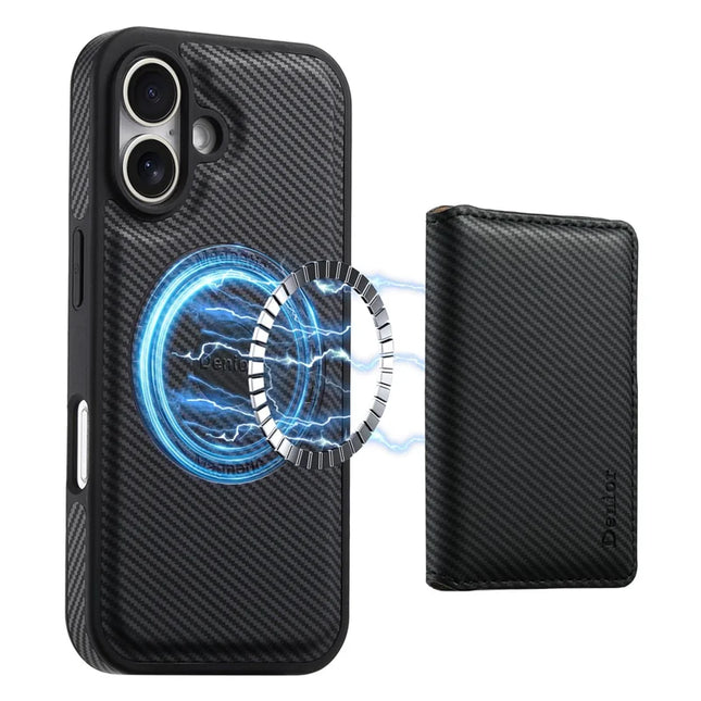 DENIOR For iPhone 16 Magnetic Case Carbon Fiber Texture Leather Back Cover with Detachable Card Bag - Black