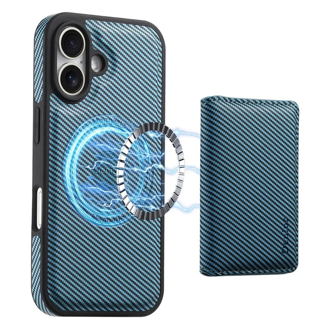 DENIOR For iPhone 16 Magnetic Case Carbon Fiber Texture Leather Back Cover with Detachable Card Bag - Blue
