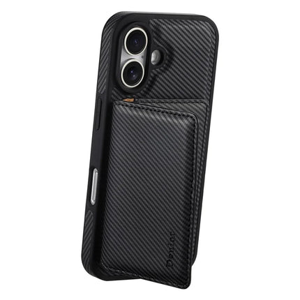 DENIOR For iPhone 16 Plus Magnetic Case Carbon Fiber Texture Leather Back Cover with Detachable Card Bag