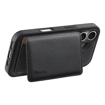 DENIOR For iPhone 16 Plus Magnetic Case Carbon Fiber Texture Leather Back Cover with Detachable Card Bag