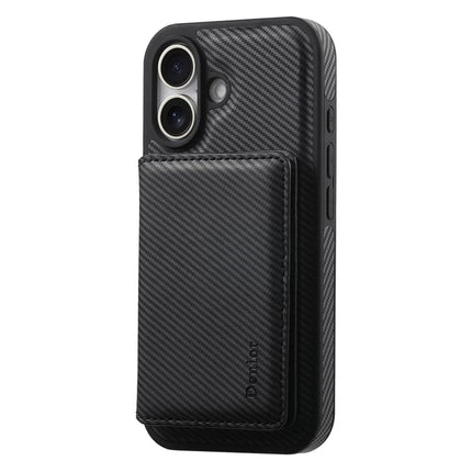 DENIOR For iPhone 16 Plus Magnetic Case Carbon Fiber Texture Leather Back Cover with Detachable Card Bag
