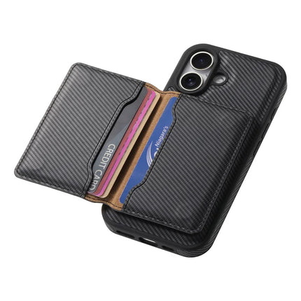 DENIOR For iPhone 16 Plus Magnetic Case Carbon Fiber Texture Leather Back Cover with Detachable Card Bag