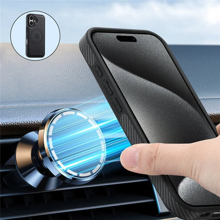 DENIOR For iPhone 16 Plus Magnetic Case Carbon Fiber Texture Leather Back Cover with Detachable Card Bag