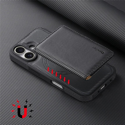 DENIOR For iPhone 16 Plus Magnetic Case Carbon Fiber Texture Leather Back Cover with Detachable Card Bag