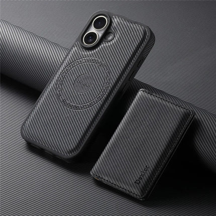 DENIOR For iPhone 16 Plus Magnetic Case Carbon Fiber Texture Leather Back Cover with Detachable Card Bag