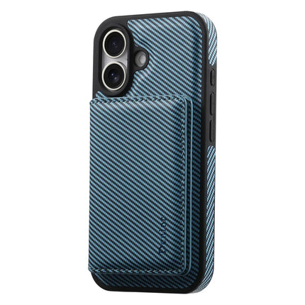 DENIOR For iPhone 16 Plus Magnetic Case Carbon Fiber Texture Leather Back Cover with Detachable Card Bag