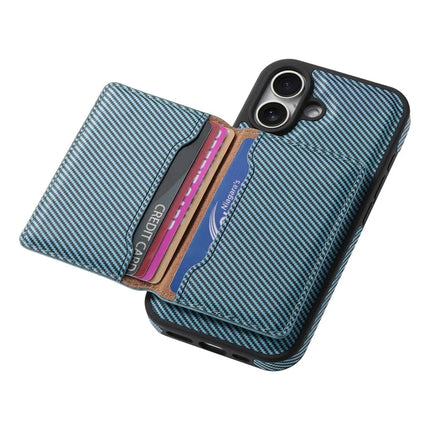 DENIOR For iPhone 16 Plus Magnetic Case Carbon Fiber Texture Leather Back Cover with Detachable Card Bag
