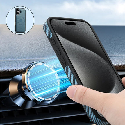 DENIOR For iPhone 16 Plus Magnetic Case Carbon Fiber Texture Leather Back Cover with Detachable Card Bag