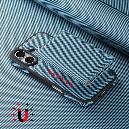 DENIOR For iPhone 16 Plus Magnetic Case Carbon Fiber Texture Leather Back Cover with Detachable Card Bag