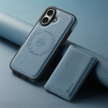 DENIOR For iPhone 16 Plus Magnetic Case Carbon Fiber Texture Leather Back Cover with Detachable Card Bag