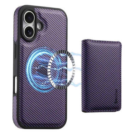 DENIOR For iPhone 16 Plus Magnetic Case Carbon Fiber Texture Leather Back Cover with Detachable Card Bag - Purple