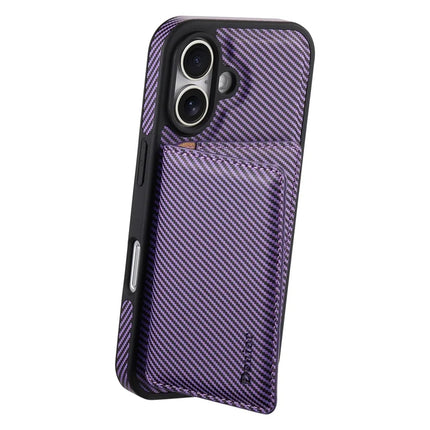 DENIOR For iPhone 16 Plus Magnetic Case Carbon Fiber Texture Leather Back Cover with Detachable Card Bag